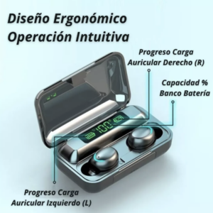 Auriculares Bluetooth y batería portátil Tws F9 impermeables, color negro - Image 6